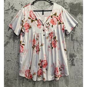 Allegrace Women's Plus Size Floral Tunic Top Henley V-neck Pleated Size 1X
